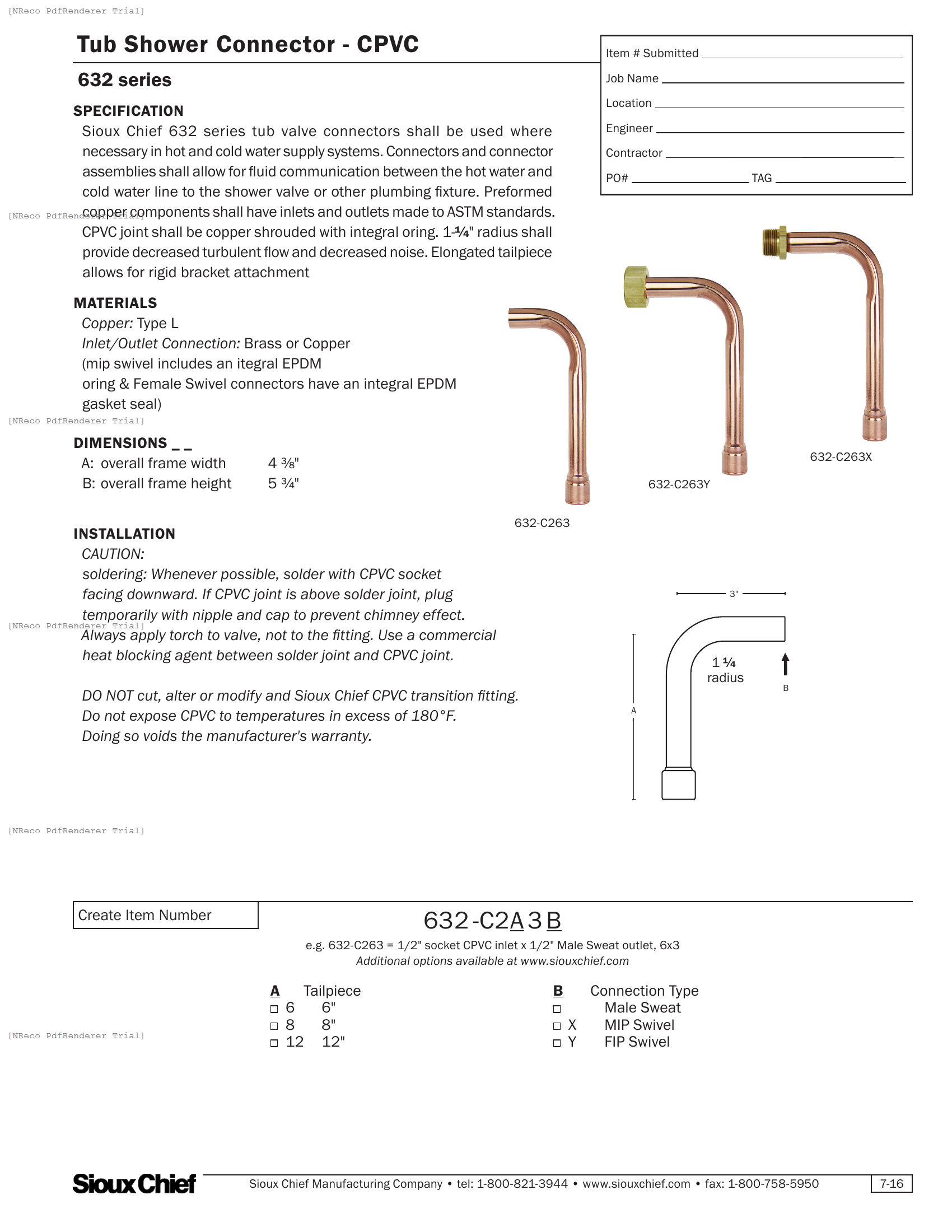 632 SERIES - CPVC TUB SHOWER CONNECTOR - SPEC SHEET.PDF Specification Document